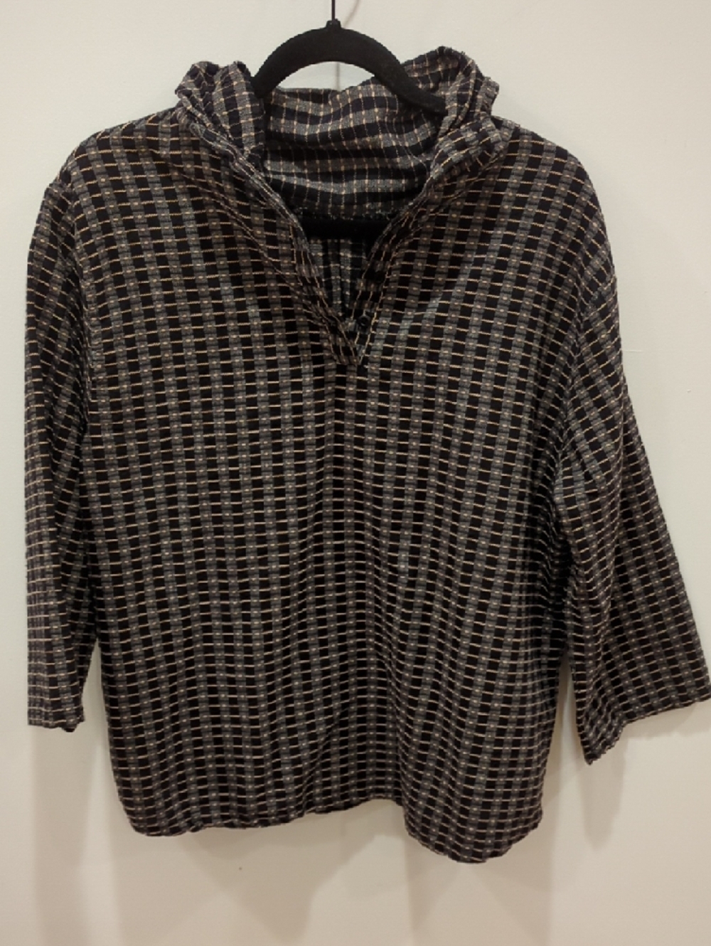 Ace&Jig Navy and Black Plaid Cowl neck Button Henley Top Large Cottage Lagenlook